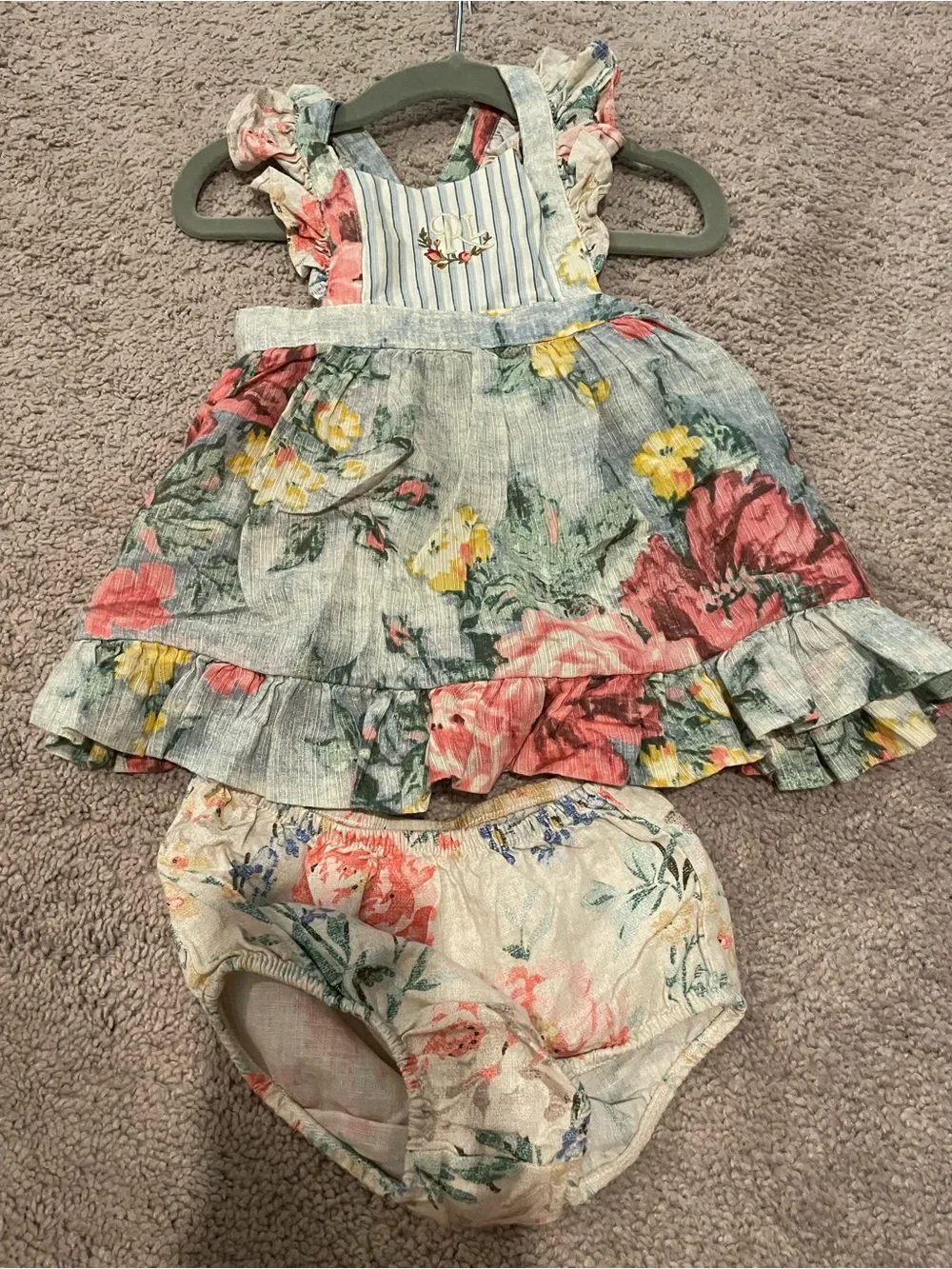 Ralph Lauren Floral Ruffle Baby Dress & Bloomers - Pink, Yellow & Green